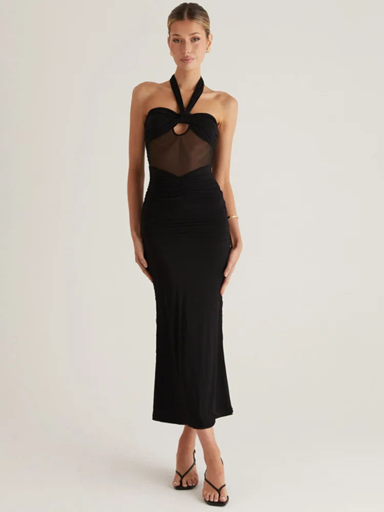 Mozision Hollow Out Halter Sexy Maxi Dress Women Gown Summer New See Through Mesh Sleeveless Backless Bodycon Club Long Dress