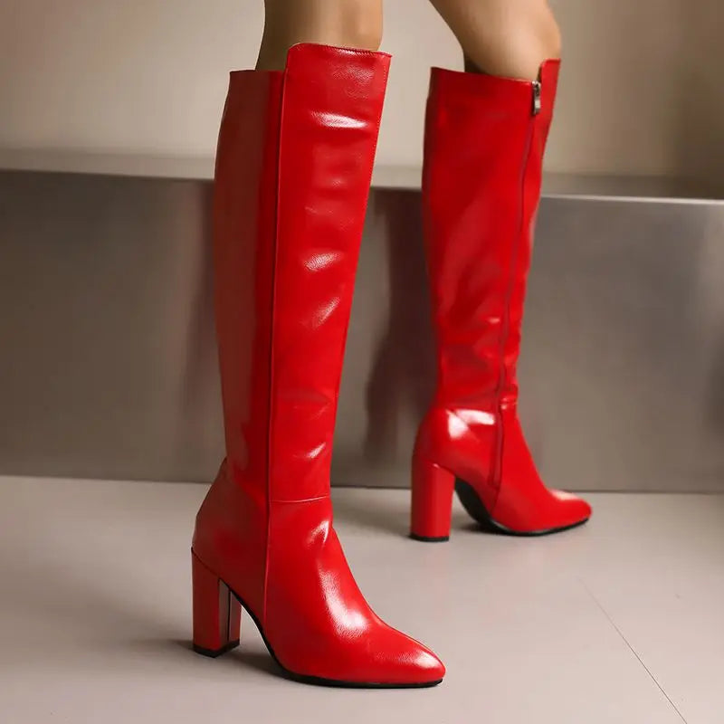 REAVE CAT Sexy Female Knee High Boots Pointed Toe Chunky Heels 8.5cm Big Size 46 47 48 Fashion Party Women Booties