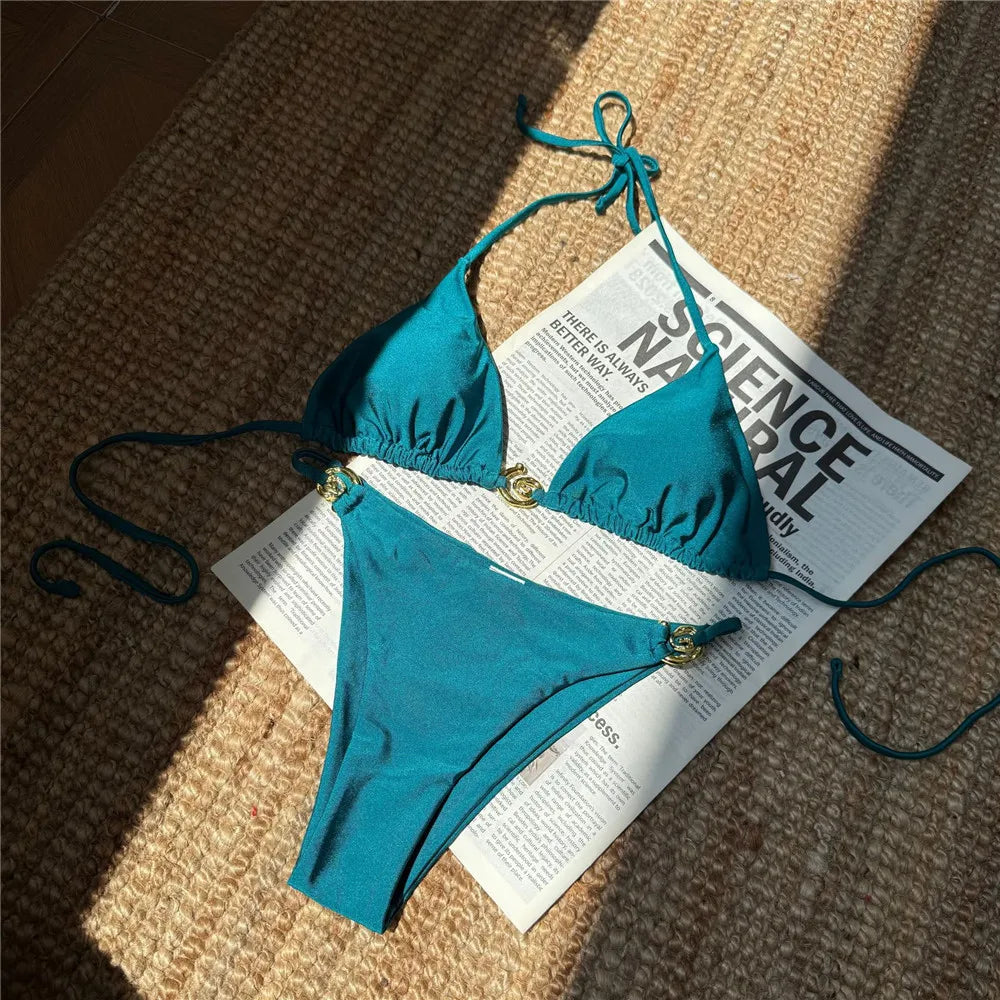 Solid Orange Swimwear Metal Ring String Halter Triangle Micro Bikini Thong Sexy Swimsuit Women 2025 Bathing Suit Bikinis Sets