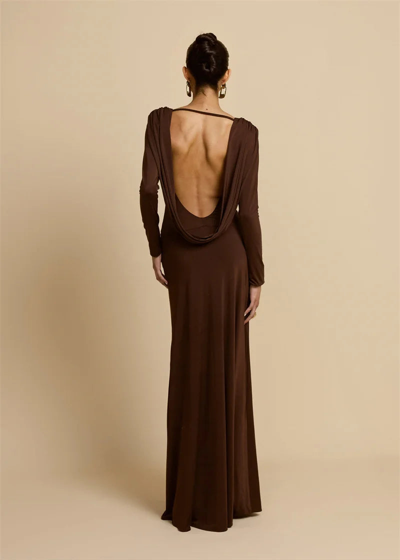 Mozision Elegant Deep V Neck  Backless Sexy Maxi Dress For Women Brown Long Sleeve High Waist Ruched Club Party Long Dresses