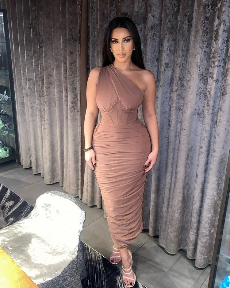 Mozision High Quality Mesh One Shoulder Backless Midi Dress For Women Fashion Hollow Out Sleeveless Ruched Long Dress Vestido