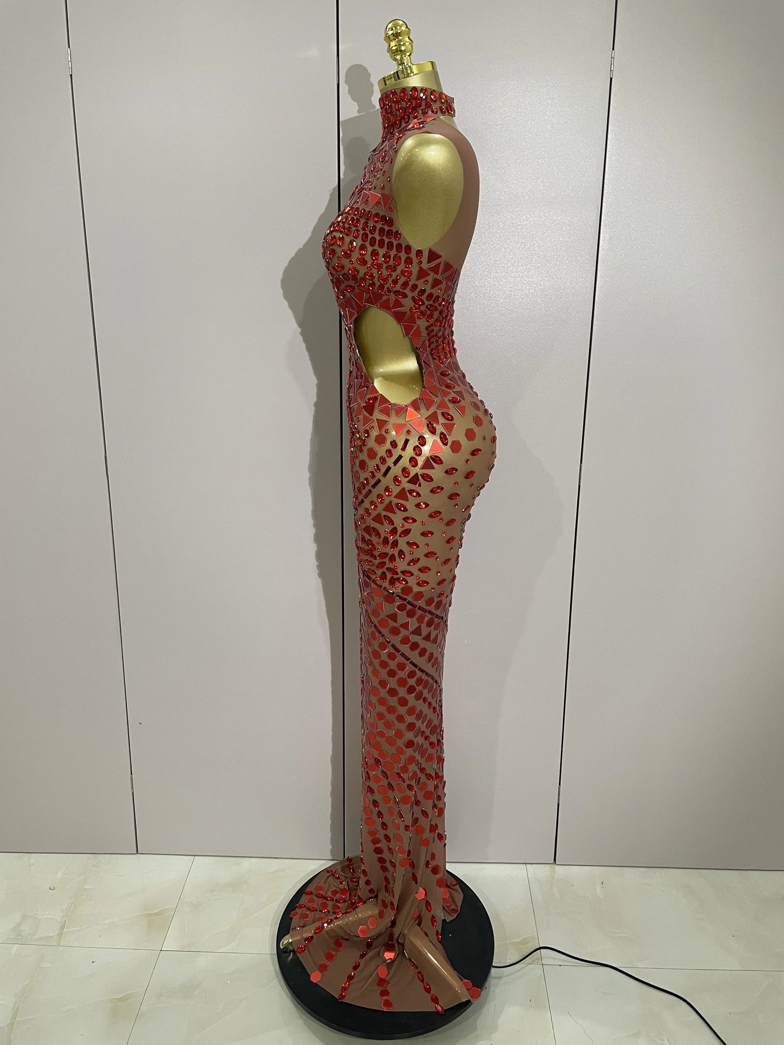 Luxury Shiny Mirror Rhinestones Hollowed-out Long Dress 2025Women Celebrity Evening Party Catwalk Prom Stage Photo Shoot Dresses