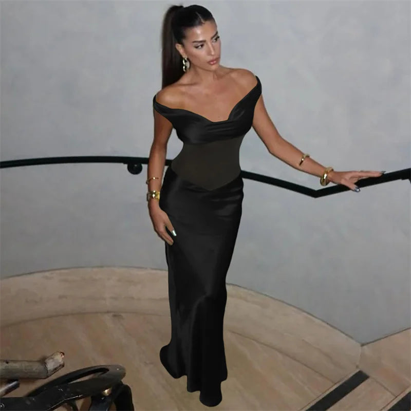 Mozision Off-shoulder Backless Sexy Maxi Dress For Women Fashion Patchwork Strapless Sleeveless Bodycon Club Party Long Dresses
