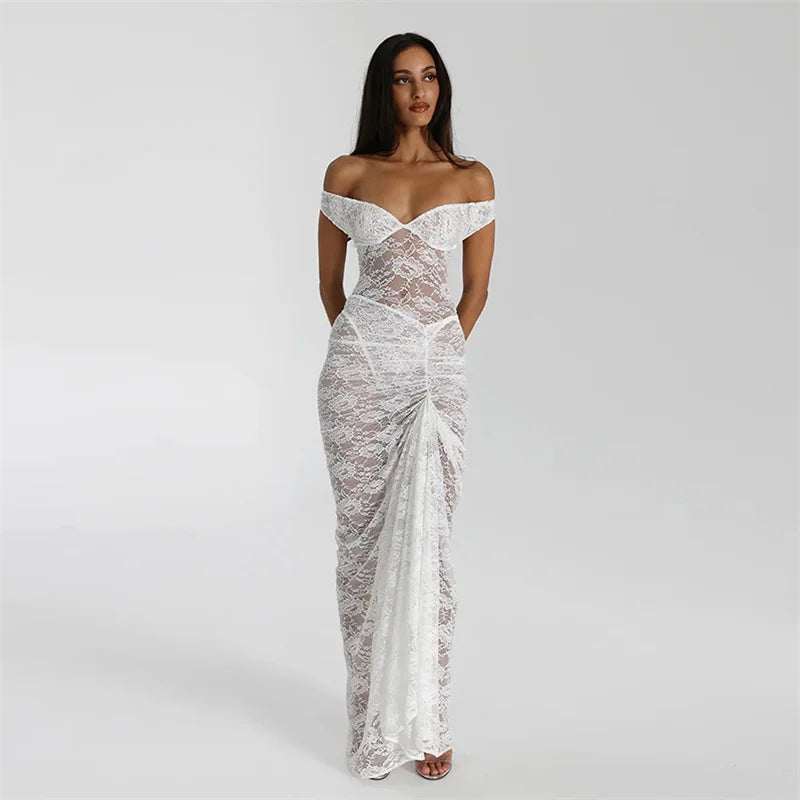 Mozision Lace See Through Sexy Two Piece Set Women Elegant Off-shoulder Backless Bodysuit And Maxi Skirt Matching Club Dress Set