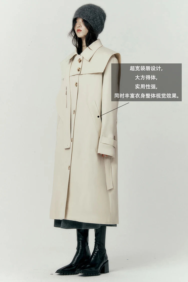 Lautaro Autumn Cool Long Trench Coat for Women Removable Sailor Collar and Pockets Belt Runway Fashion Luxury Designer Clothes