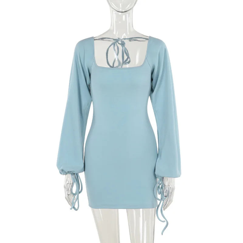 NIDANSSI Lantern Long Sleeve Backless Lace Up Autumn Dress Women Robes Elegant Evening Party Dress Bodycon Mini Dress Vestidos