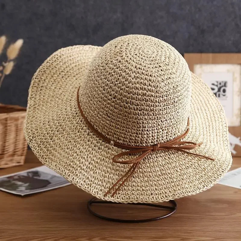 Beach Hats Adults Female Sunscreen Cap Simple Women Straw Hats Summer Sun Hats for Women Lady Folding Bow Travel Caps Female