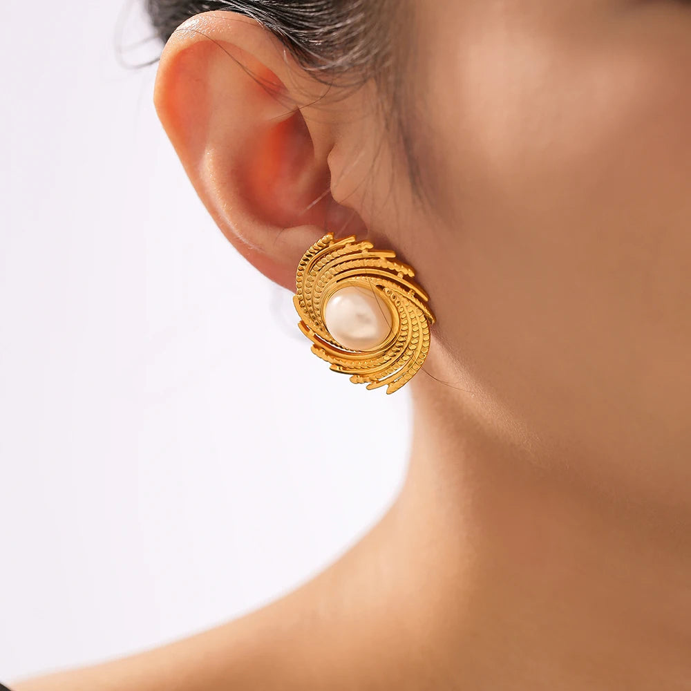 Dynamic Earrings For Women Roated Pearl Luxury Stainless Steel Vintage Gold Plated Waterproof Ear Stud Charm Jewelry Gift