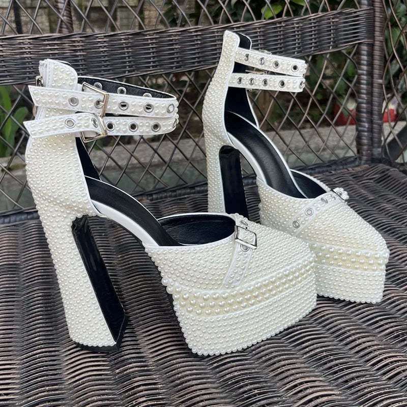 2024 Handmade Beaded 14cm Thick Heel Pointed Sandals 35-41 High Heel Waterproof Platform Woman Shoes Wedding Dress Luxury Pearl Wofashion.xyz