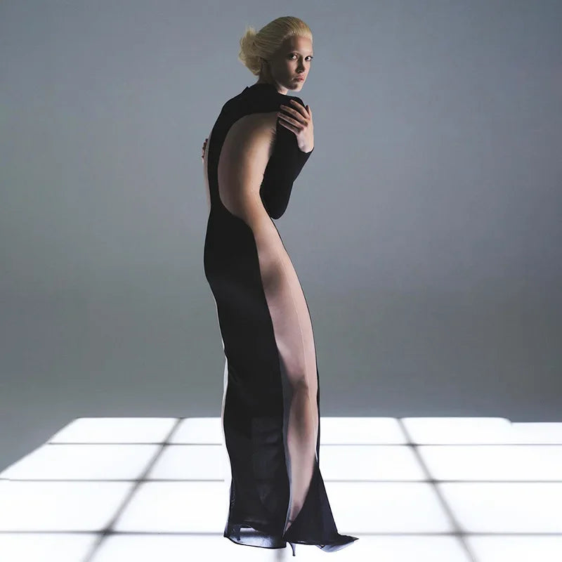 Black Maxi Dresses For Women Side See Through Vestidos Elegantes Para Mujer Slim One-Pieces Sexi Night Dress Hot Club Outfit