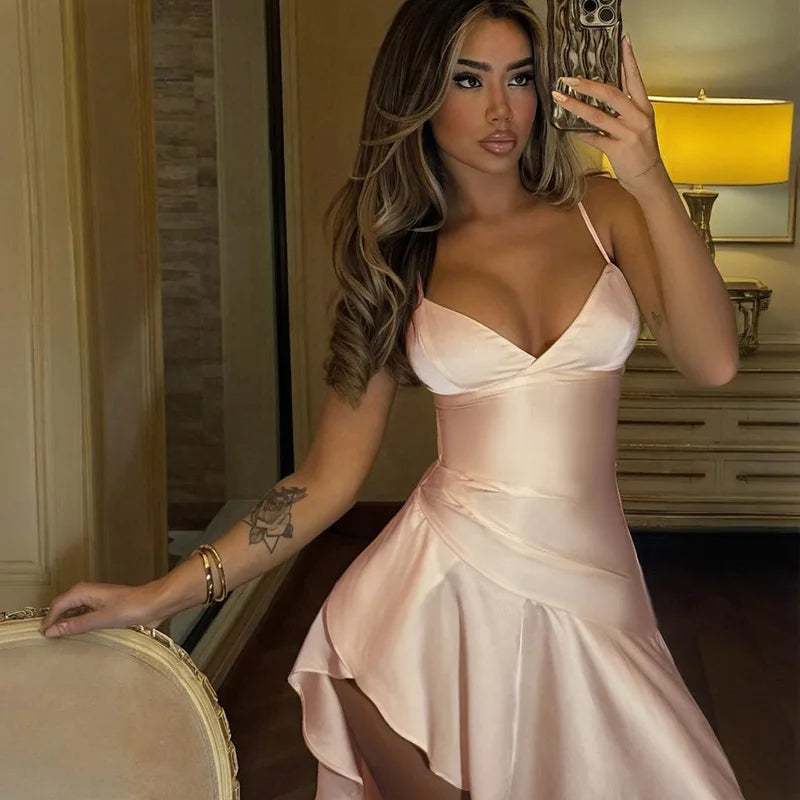 NIDANSSI Satin Ruffle Slim Backless Evening Party Dress Women Robes Bodycon Elegant Sexy Dress Midi Long Summer Dress Vestidos