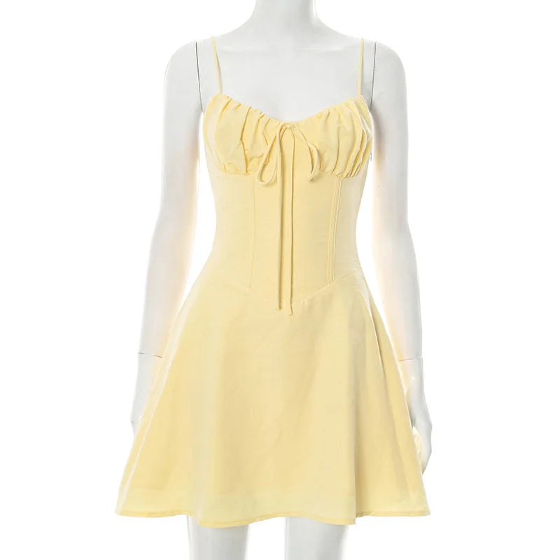 Mozision Spaghetti Strap Lace-up Sexy Mini Dress Women Elegant Off-shoulder Sleeveless Backless High Waist A-line Club Dress