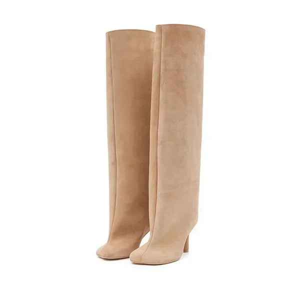 2024 European and American Fashion Stiletto Heels Wide Leg Knee Sleeve Boots Women's Square Head Suede Warm Boots Wofashion.xyz
