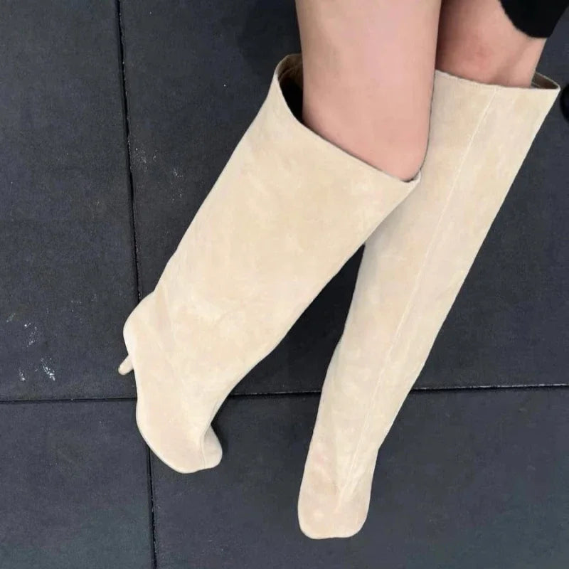 2024 European and American Fashion Stiletto Heels Wide Leg Knee Sleeve Boots Women's Square Head Suede Warm Boots