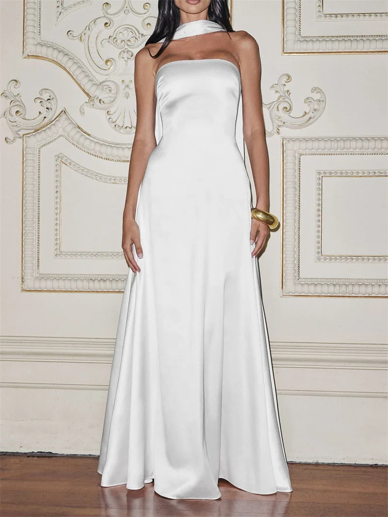 Mozision Off-shoulder Strapless Sexy Maxi Dress Women Gown Elegant Scarf Collar Sleeveless Backless Bodycon Club Party Dress