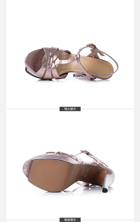 Women's Summer European and American Fashion Stiletto Waterproof Platform Leather Open Toe Round Head Buckle Sandals