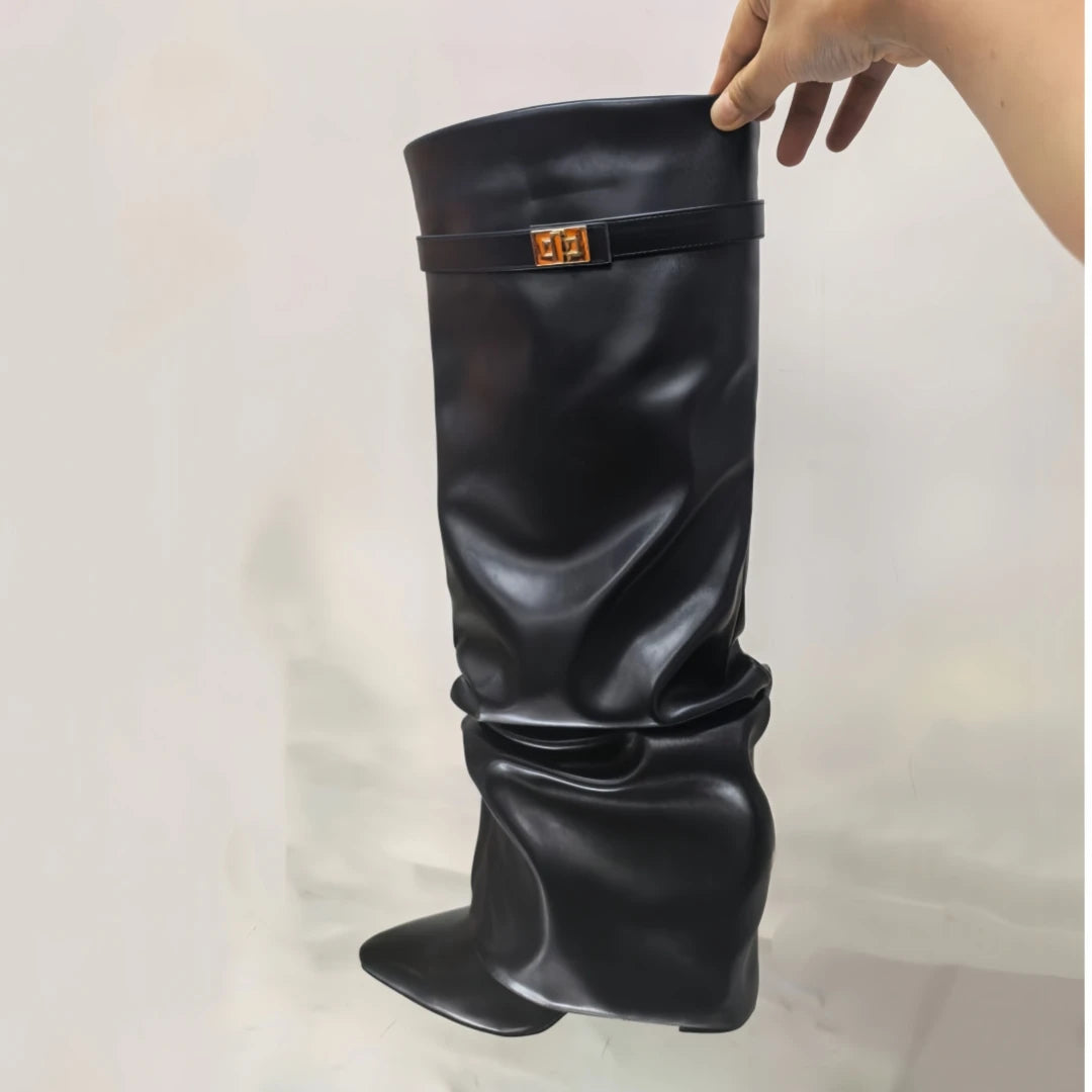 European and American Autumn and Winter New Pointed Straight Leg Skirt Boots for Women, Large Size Thick High Heels Pants Boots