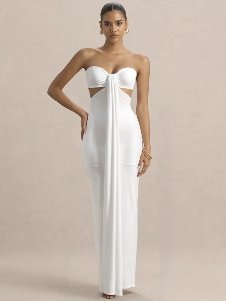 Mozision Off-shoulder Strapless Sexy Maxi Dress Women Elegant White Sleeveless Backless Draped Bodycon Club Party Long Dresses Wofashion.xyz