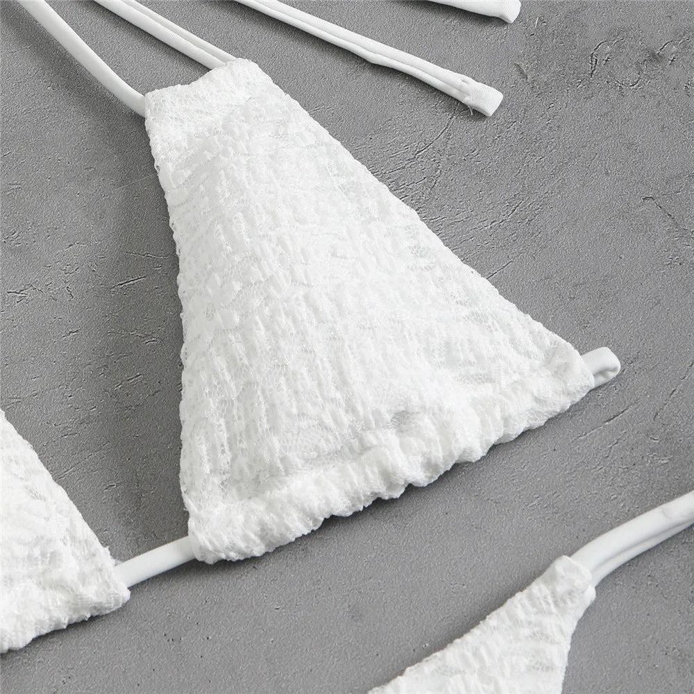 Beige Flower Mesh String Halter Bikinis Sets 4 Piece Sexy Swimsuit Women Long Sleeve Cover Up Swimwear Triangle Bikini Beachwear