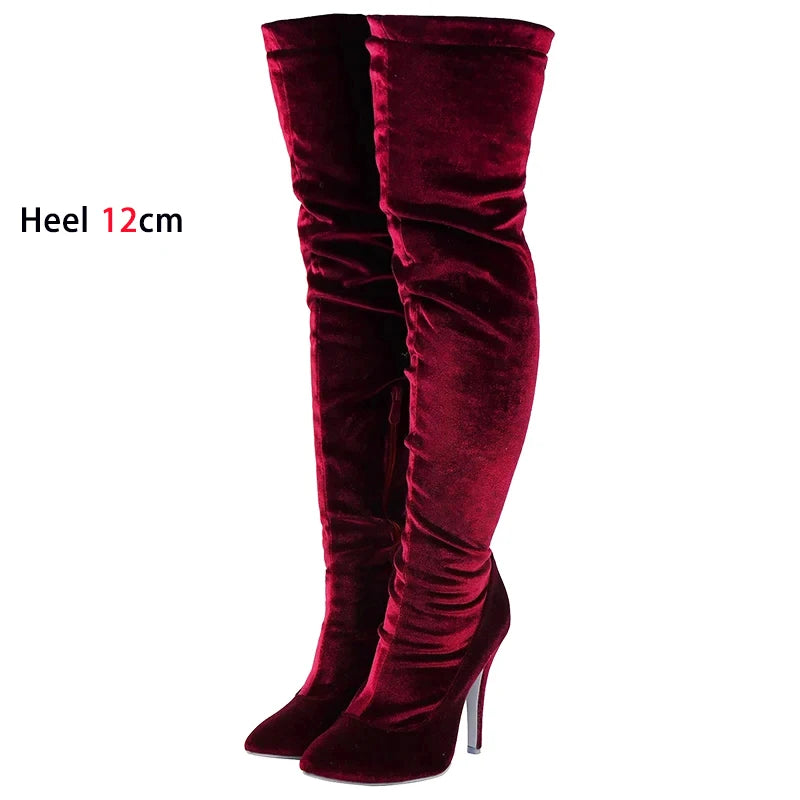 Velvet Long Boots For Women 2024 New Spring Autumn Over Knee Shoes Lady Pointed Toe Stiletto Heels Plus Size Elastic Thigh Boots