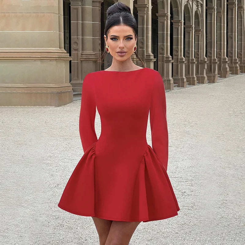 NIDANSSI Red Long Sleeve Evening Party Dress Women 2024 Pleated Robes Elegant Sexy Dress Bodycon Mini Winter Dress Vestidos