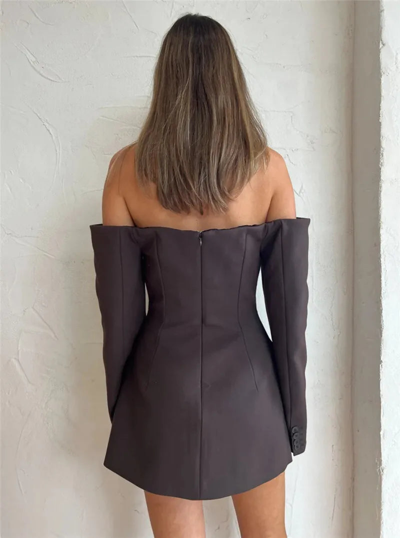 Mozision Off-shoulder Strapless Sexy Blazer Dress For Women Fashion Solid Zipper Two Pocket Long Sleeve Backless Mini Dress