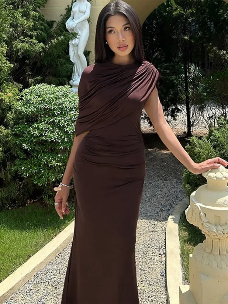 Irregular Ruched Sexy Maxi Dress For Women Elegant Autumn Inclined Shoulder Pleated Club Party Long Dresses Female