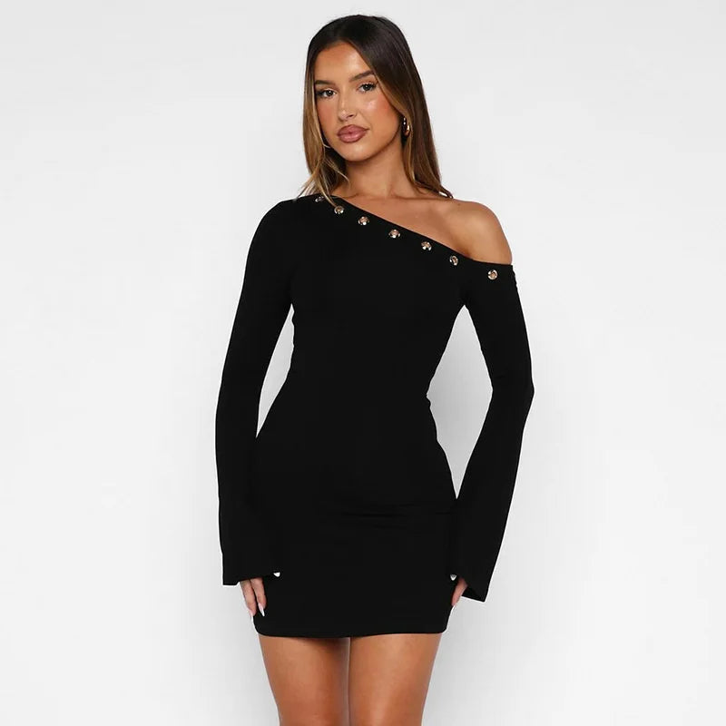 Mozision Inclined Shoulder Long Sleeve Sexy Mini Dress Women Fashion Hollow Out One Shoulder Backless Club Party Dress Female