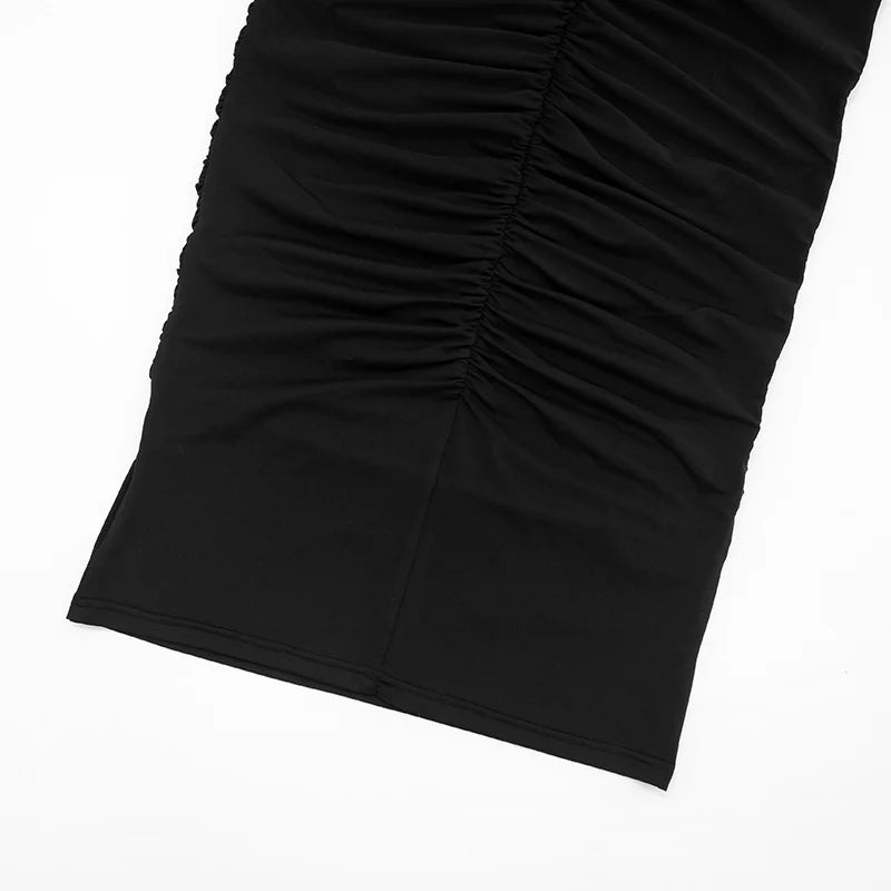 Blifanbo Elegan Deep V Neck Bodycon Maxi Dress Women High Waist Pleated Long Sleeve Solid Patchwork Club Party Long Dress Autumn