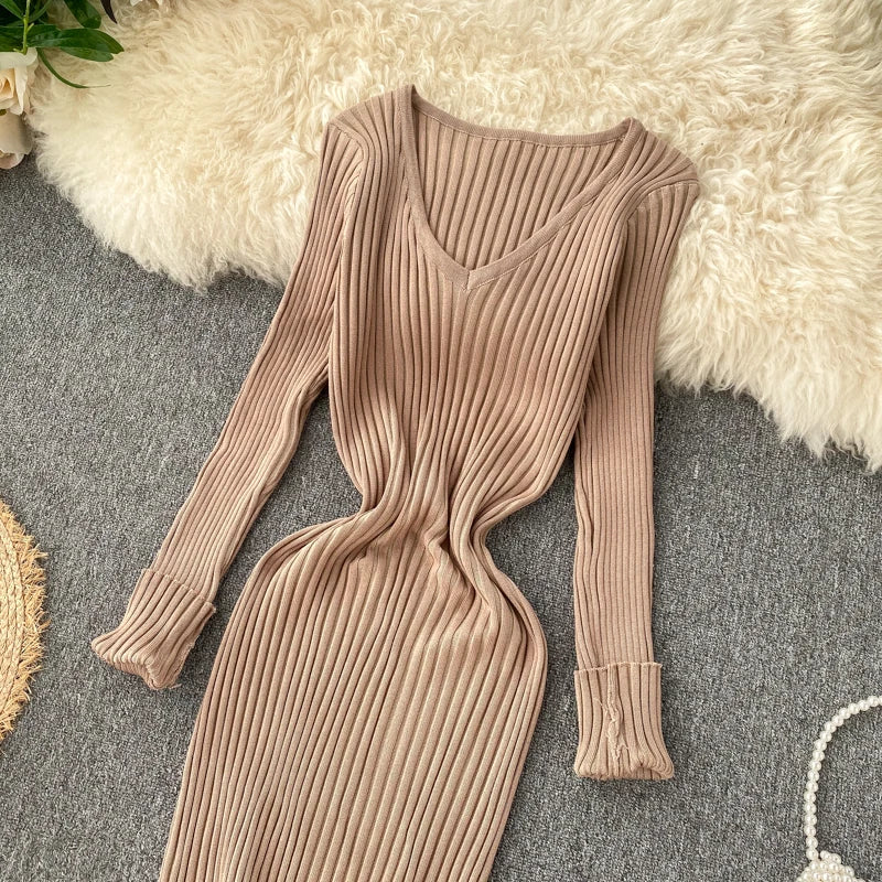 Women's Knitted Midi Dr Pure Color Long Sve Slim Fit High Waist V-Ne Korean Sle Faionable Autumn Winter Dr