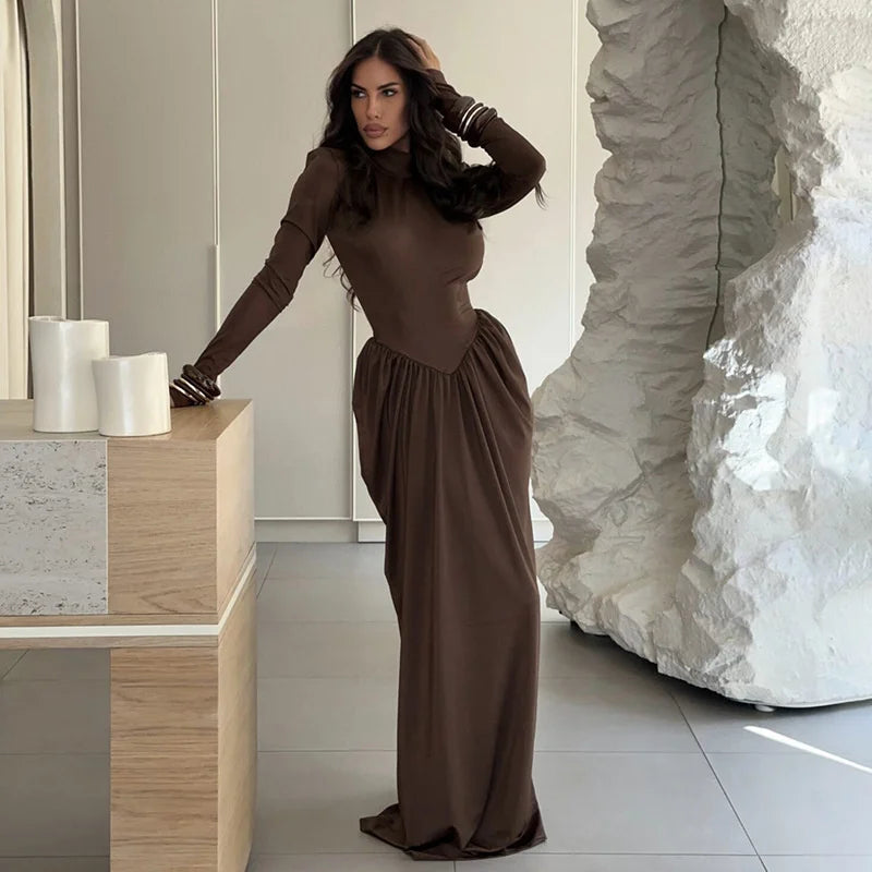 Mozision Turtleneck Long Sleeve Sexy Maxi Dress Women Gown Autumn Winter Elegant High Waist Draped Ruched Club Party Long Dress