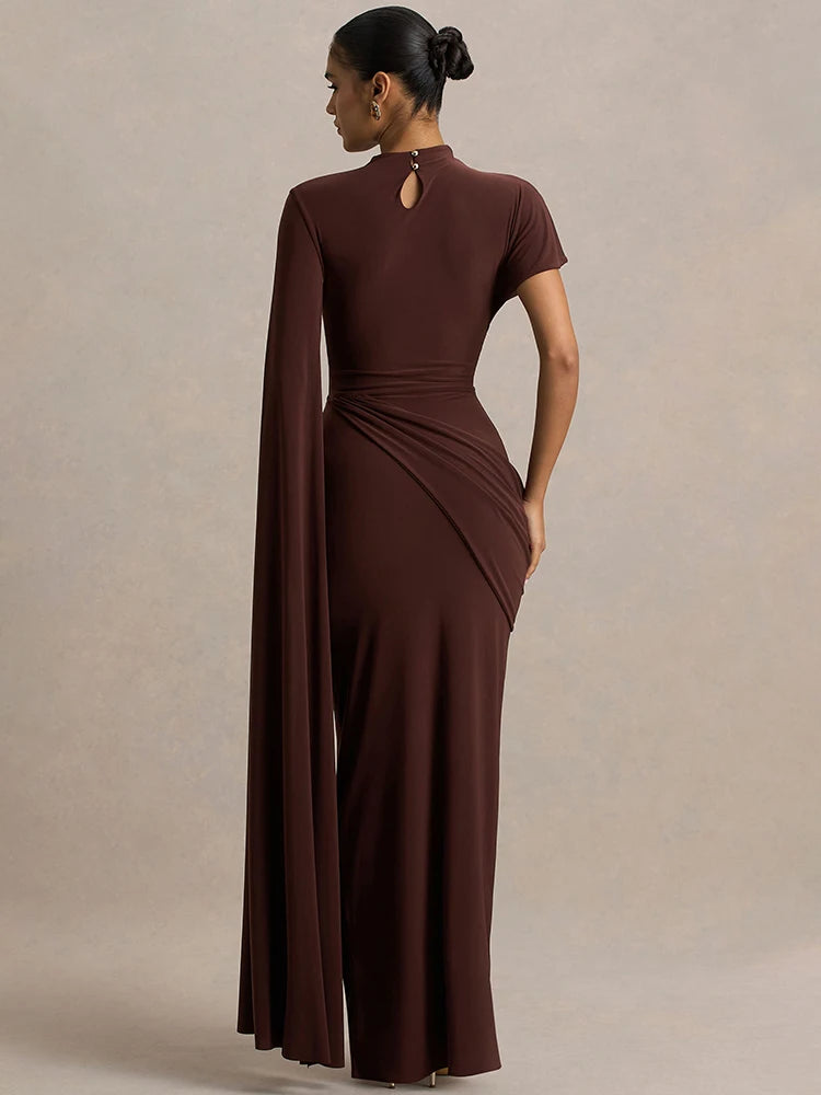 Mozision One Long Cape Sleeve Sexy Maxi Dress Women Gown Elegant O Neck Half High Collar High Waist Ruched Club Party Long Dress