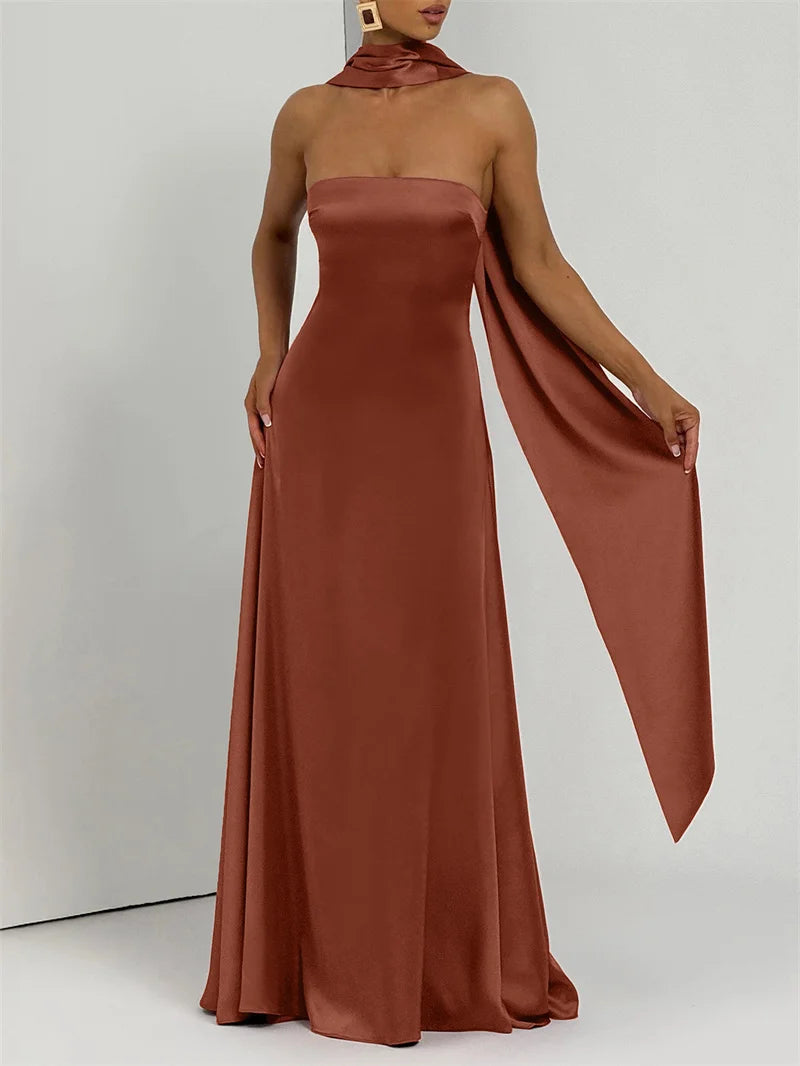 Mozision Off-shoulder Strapless Sexy Maxi Dress Women Gown Elegant Scarf Collar Sleeveless Backless Bodycon Club Party Dress