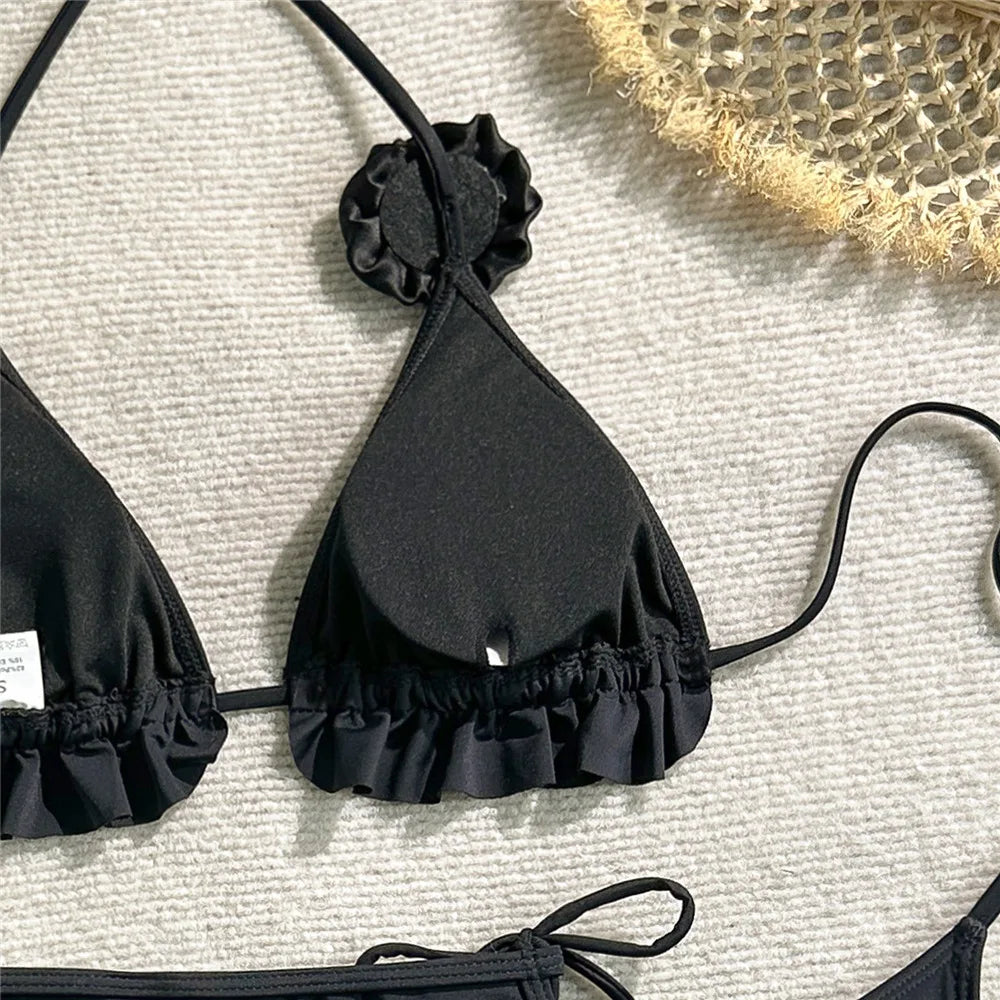 Solid White 3D Flower 3 Piece Bikini Set Skirts Mini Skirts Cover Ups Sexy Swimsuit Women 2025 Swimsuit Beachwear Thong Bikini