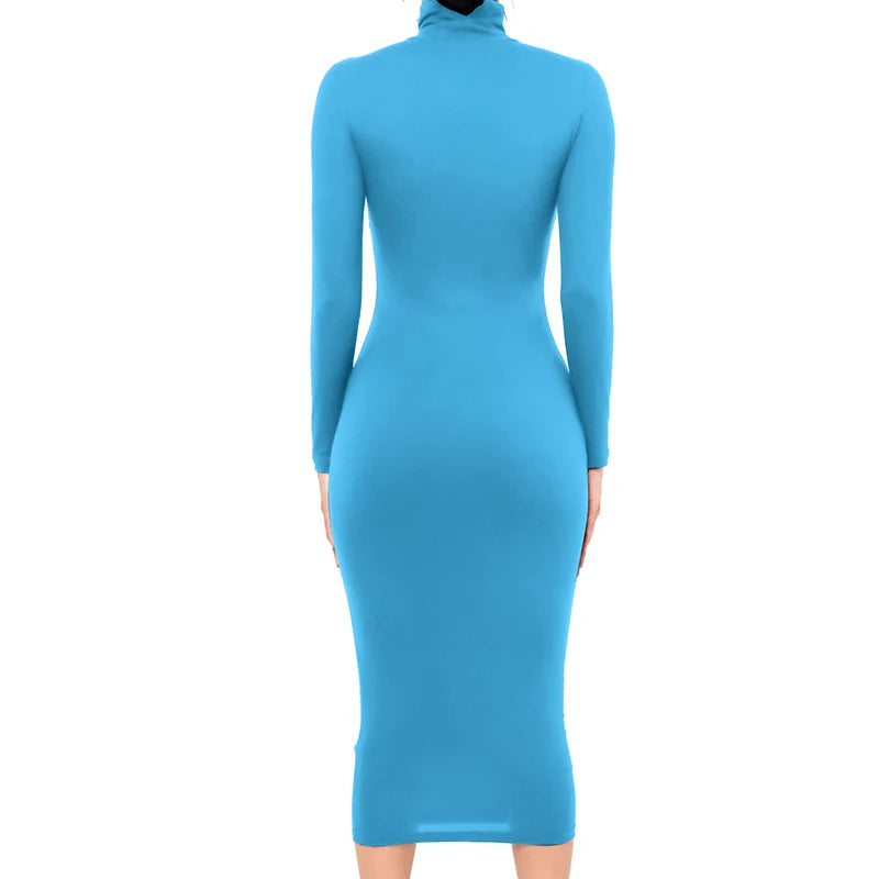 Winter Black Turtleneck Sexy Women Dress Autumn Long Sleeve Skinny Midi Boydcon Casual Blue Plush Knee-Length Party Club