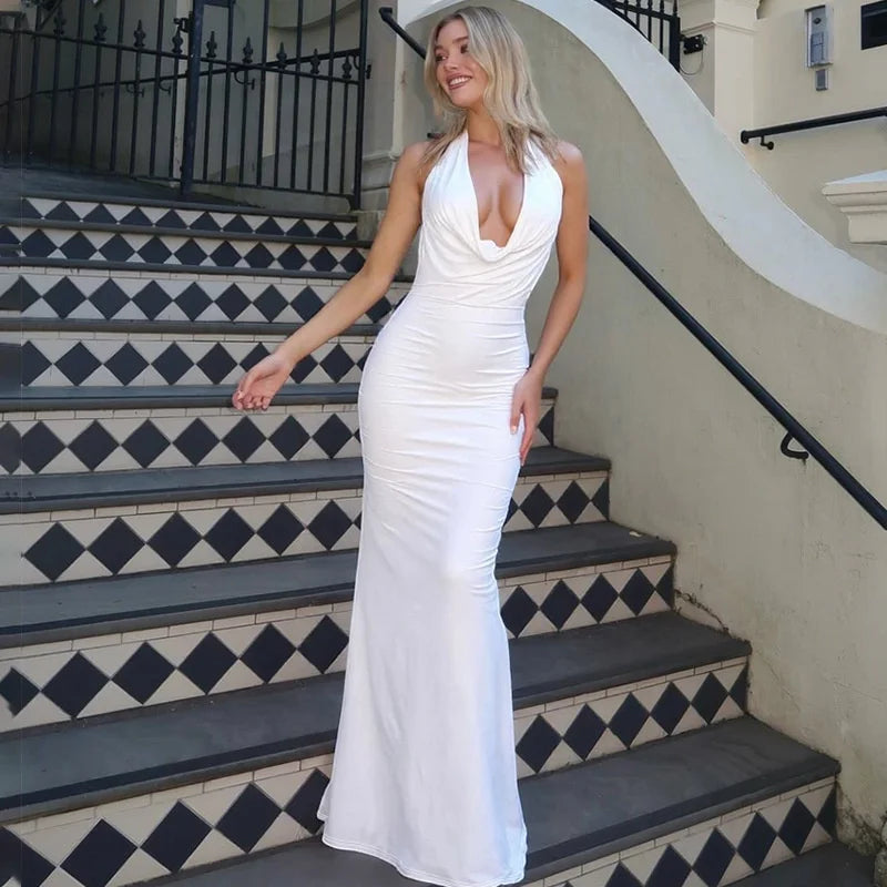 Mozision Deep V-neck Lace-up Sexy Maxi Dress For Women Elegant Off-shoulder Sleeveless Halter Fashion Backless Club Party Dress