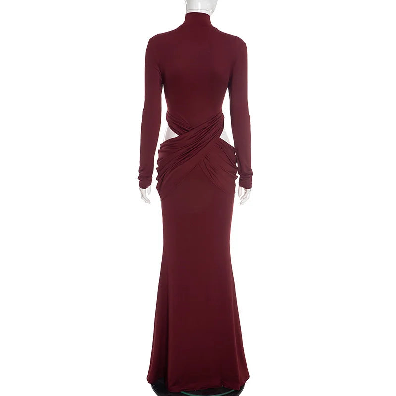 Mozision Turtleneck Long Sleeve Sexy Maxi Dress Women Gown Elegant Hollow Out High Waist Ruched Bodycon Club Party Long Dresses