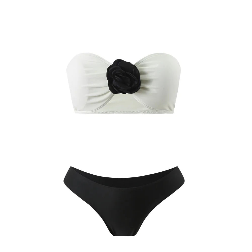 3D Flower Bandeau 3 Piece Bikini Set Damen Mesh Skirts Cover Up Swimwear Sexy Swimsuit Women Beach Swimming Wear Bikinis Bather