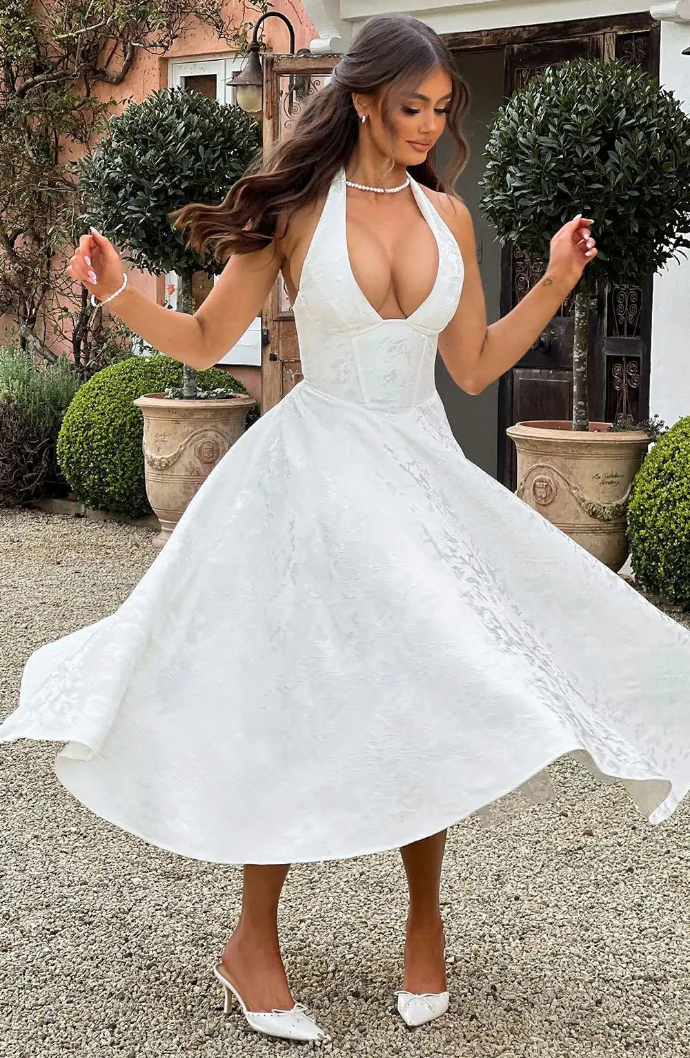 NIDANSSI White Jacquard Pleated Evening Party Dress Women Robes Backless Elegant Sexy Dress Bodycon Long Summer Dress Vestidos