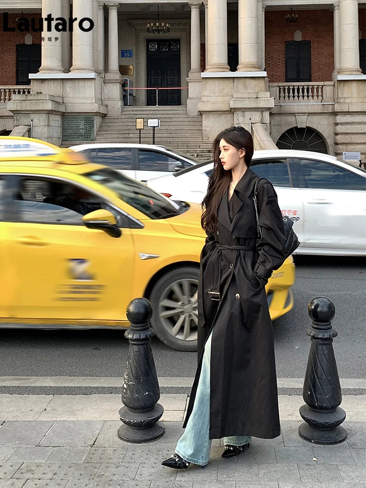 Lautaro Spring Autumn Long Black Hard Waterproof Trench Coat for Women Belt Double Breasted High Quality Luxury Overcoat 2024