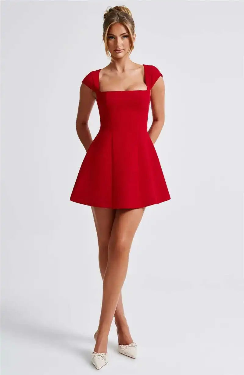 Mozision Square Collar Short Sleeve Mini Dress For Women Robe New Fashion Solid A-line Loose High Waist Short Dress Elegant