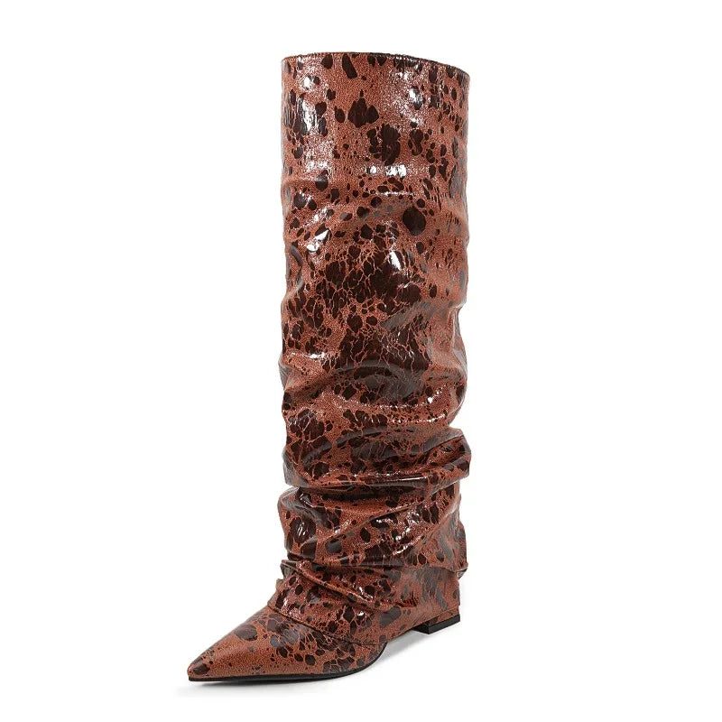 2025 European AndAmerican Women's Autumn and Winter Super Migration Coarse High Heels Fashion Pleated Pointed Sleeve Skirt Boots Wofashion.xyz