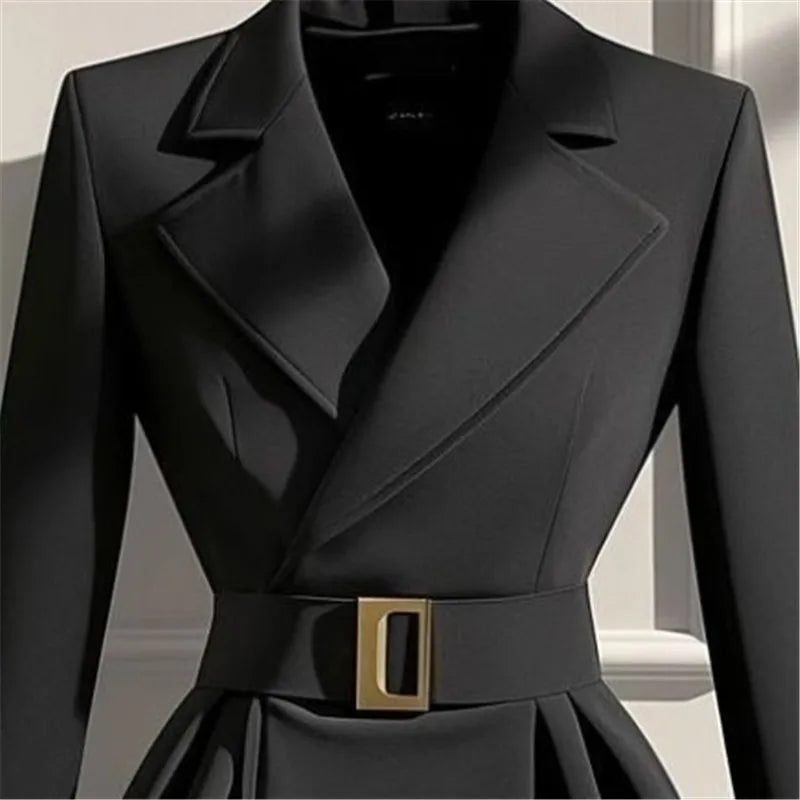 High-end Black Suit Jacket Women Elegant Slim Waist Belt Coat 2025 Autumn Winter New Irregular Hem Office Lady Outwear