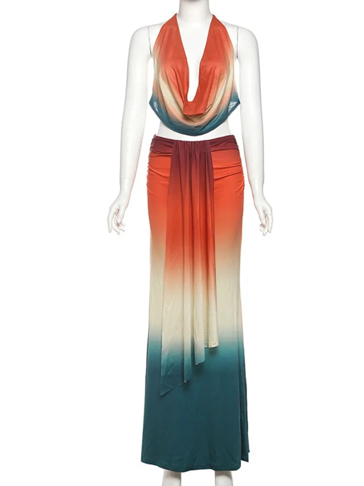 Mozision Print Sexy Mesh Halter Skirt 2 Pieces Sets For Women Off-shoulder Sleeveless Backless Tops And Skirt Two Pieces Sets