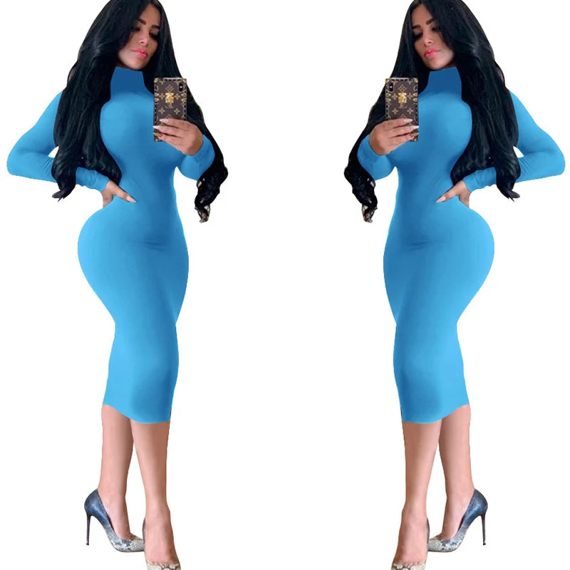 Winter Black Turtleneck Sexy Women Dress Autumn Long Sleeve Skinny Midi Boydcon Casual Blue Plush Knee-Length Party Club
