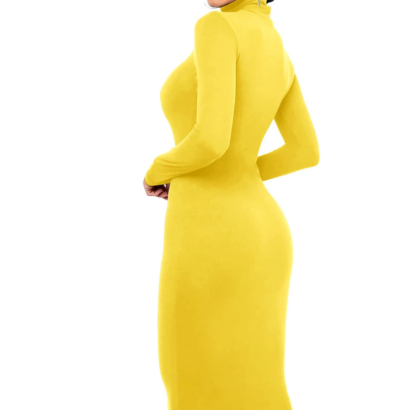 Winter Black Turtleneck Sexy Women Dress Autumn Long Sleeve Skinny Midi Boydcon Casual Blue Plush Knee-Length Party Club