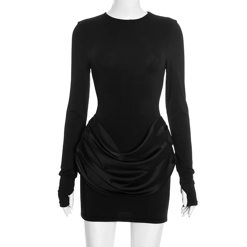 Mozision Long Sleeve Ruched Sexy Mini Dress Women Gown Elegant Satin Patchwork O Neck High Waist Club Party Dresses Fashion