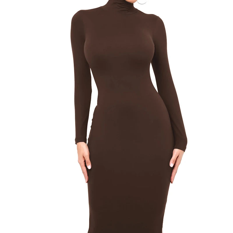 Winter Black Turtleneck Sexy Women Dress Autumn Long Sleeve Skinny Midi Boydcon Casual Blue Plush Knee-Length Party Club