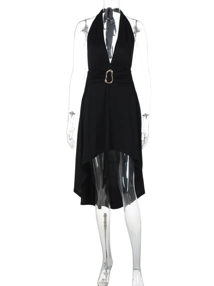 Mozision Deep V-neck Lace-up Sexy Maxi Dress For Women Metal Buckle Off-shoulder Sleeveless Backless Fashion Club Party Dress