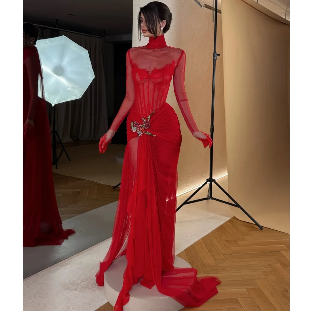 Red Evening Dresses Woman Long Sleeves vestidos de noche Arabic High Collar Prom Dress Embroidery Party Gowns Customized Wofashion.xyz